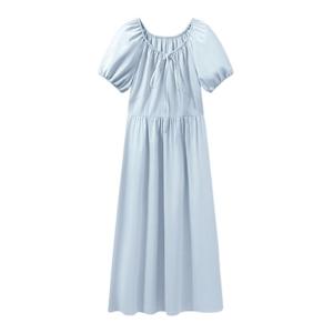 SUSIEYUAN | Blue Bubble Sleeve Dress Women Summer 2025 New Style High Waist A-Line Skirt Short Sleeve Sweet Pure Color Polyester Fiber