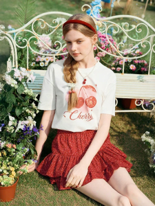 XIANGYING | Cherry Print White T-shirt Women Short Sleeve Round Neck Loose Casual 2026 Summer-Autumn New Arrival