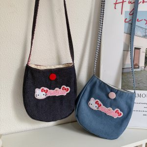 Túi Đeo Vai Denim Dung Tích Lớn Y2K Đi Làm Đa Năng Kẻ Caro Kitty Túi Đeo Chéo Thường Ngày Đường Phố Đa Năng
