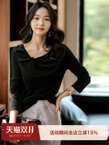 XiaoHanGe Ruche Design Silk Blend Asymmetrical Twist Knot Top Long Sleeve Soft Cotton Linen Womens Commute Style Shirt