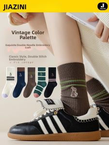 JIAZINI | Trendy Womens Cotton Socks Mid-Calf No-Show Sporty Retro Style Spring Autumn Long Tube Socks Sweet Style Cartoon Pattern