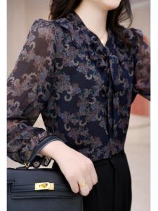 Áo Sơ Mi Voan Họa Tiết Hoa Thời Trang Mới 2025 Áo Sơ Mi Nữ Dài Tay Cổ Chun in Họa Tiết Mùa Xuân Chất Liệu Polyester
