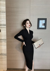 ZY·HT 2024 New Deep V Dress Female French Simple Narrow-Waisted Slit Slim Long Vintage Dinner Dress 6051 eravogue