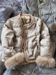 Retro National Style Embroidered Button Fur Sleeve down Jacket Loose Champagne Color Womens Outerwear Elegant Tassel Detail