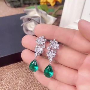 Huitan Waterdrop Green CZ Flower Dangle Earrings for Women Gorgeous Brilliant Female Ear Accessories Wedding Party Trend Jewelry