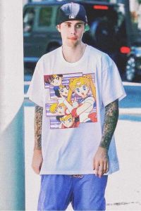 Biber Same Style SailorMoon Pretty Girl Warrior Sailor Moon Distressed Print Washed Short Sleeve T-Shirt Men and Women Fashion