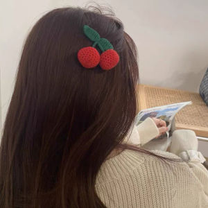 【♡Lovely girls house♡】2Pcs Women Girls Knitted Red Cherry Hairpin Hair Clips Headwear Hair Accessories