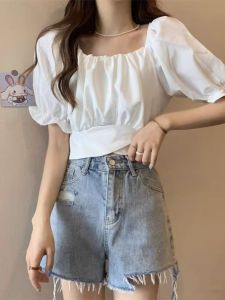 Áo Sơ Mi Nữ Tay Bồng Hở Lưng Thoải Mái Mùa Hè 2024 Áo Ngắn Cổ Tròn Tay Dài Dáng Ôm Phong Cách Hàn Quốc