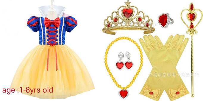 princess snow white costume dress for kids, 1yrs to 8yrs old