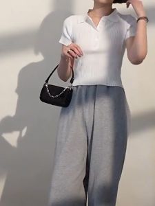 Korean Fashion Elegant Polo Collar Croptop Short Sleeve Knit Top for Women Domineering Sweet Top