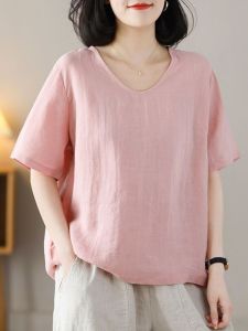 Pure Cotton Linen Short Sleeve T-Shirt Womens Summer New Style Artistic Retro Loose Fit Womens Mid-aged And Elderly Solid Color V-neck Body Shirt