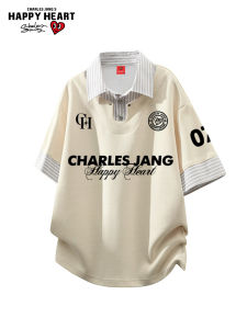 CHARLES JANGS HAPPY HEART | Heart Print Fake Two-Piece T-Shirt Short Sleeve Contrast Stripe Collar