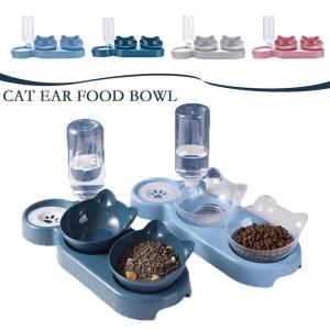 Pet Bowls With Water Feeder 3 In 1 Ear Design Tilted Cat Water And Food Bowl Set With Gravity Water Bottle For Neck Protection