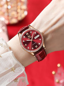 New 2025 Ladies Mechanical Watch Fashionable round Face Leather Strap Red for Lucky Year Female Wristwatch Olevs Domestic Brand