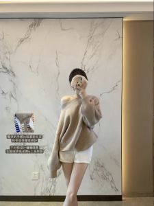 Áo Len Dệt Kim Một Bên Vai Thường Ngày Cho Nữ Mùa Thu Đông Cổ Chữ V Dài Tay Dáng Rộng Màu Trơn Áo Len Dệt Kim