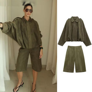 Spring Women Solid Shorts Sets Fashion Army Green Zipper Thick Bomber Jacket+Suede Texture Casual Loose Short Pants