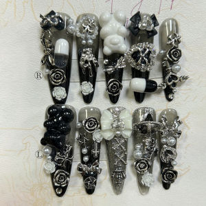 Cute Japanese Dark Jirai Long Tip Handmade Press On Nails Y2K Shibuya Spice Girl Fake Nails Bow Bear Rose Cross Glitter Nail Art