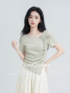 Áo Thun Nữ Tay Ngắn Không Đều Cổ Chéo Thắt Nút Bướm Mùa Hè Ôm Eo Thon Gọn Vai Thường Ngày Thời Trang