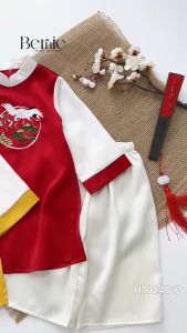 Set áo dài tết áo dài cách tân cho bé trai kèm quần màu đỏ màu vàng họa tiết thêu hạc BERNIEH1024B17