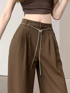 กางเกงขายาวทรงหลวมเอวสูงสีน้ำตาลกาแฟ กางเกงขายาวทรงหลวมสำหรับผู้หญิง ดีไซน์ฤดูใบไม้ร่วง/ฤดูหนาว ดีไซน์โซ่ กางเกงขายาวลำลอง