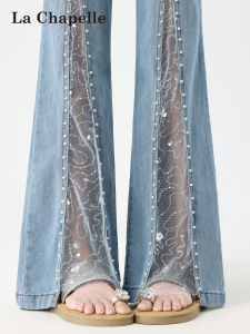 La Chapelle | Summer High-Waisted Lace Rhinestone Light Wash Denim Trousers Flared Pants