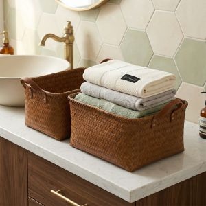 AMU·PIGGY | Vintage Rattan Basket Towel Organizer