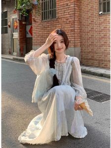 Bộ Sóng Bạc Hà Phong Cách Trung Hoa Mới Bộ Nữ Mùa Hè Phong Cách Quốc Gia Áo Sơ Mi In Nút Gradient Dáng Chữ A Nửa Váy Bộ Hai Món