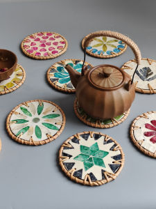 ที่รองแก้วชาทรงเปลือกหอยสไตล์ NS ที่รองแก้วชาทรงสี่เหลี่ยมทรงกลมกันความร้อนที่รองพิธีชงชาที่รองตกแต่งหอยหลากสีงานแฮนด์เมดหรูหราเบาๆ