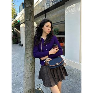 Vibrant Purple Knitted Sweater Womens Autumn Winter Versatile Quality Top Vintage Twist Flower Design Loose Fit round Neck Long Sleeve