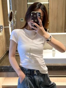 White Slim Fit Short Sleeve T-Shirt Womens Fashionable Inner Wear Base Shirt Creative OL Style Summer Top Half High Collar