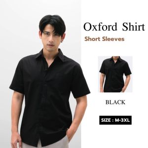 THE ROOMS - เดอะรูม เสื้อเชิ้ต คอปก สีดำ Oxford แขนสั้น รีดง่าย ใส่สบาย