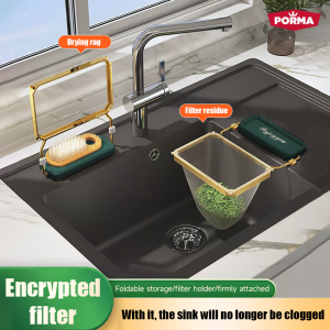 PORMA Kitchen Sink Strainer Foldable Sink Filter Metal Rag Holder with 50 PCS Disposable Fine Mesh Nets Anti Clogging Effective Filtering of Debris and Food Residue