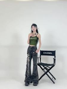 MZVZ | Quần Jean Vintage Đen Rách Cao Waist Ống Suông