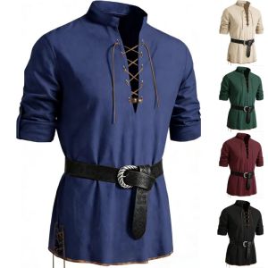 Runcati Mens Medieval Pirate Shirt Cotton Retro Lace Up Renaissance Shirts Viking Long Sleeve Halloween Costume Tops