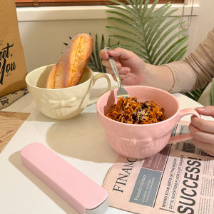 Large Capacity Ceramic Bowl with Handle for Microwave Oven Ins Style Breakfast Bowl for Students in Dormitory with Lid Pho Soup Bowl