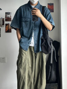 Loose Fit Mens Short Sleeve Denim Shirt Casual Summer Fashion Brand Youth Pop Daily Wear Chinese Style Button up Coat
