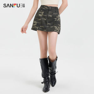 Váy Ngắn Chữ a Three Happiness Cotton 100% Thường Ngày Cạp Cao Cho Nữ Mùa Hè 2025 Váy Denim Cạp Cao Có Lớp Lót Bên Trong