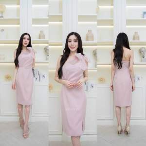 ชุดเดรส ชุดออกงาน ชุดราตรี FP048 งานพรีเมี่ยม เกาะอกสั้น ผ้าออแกนดี้ผูกโบว์ไหล่