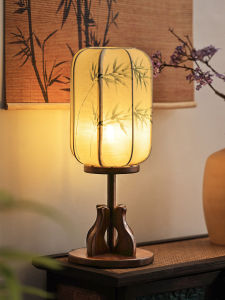Retro Chinese Style Wooden Table Lamp Bedroom Classical Bedside Lamp Tea Room Ancient Zen Atmosphere Lamp Hand-Painted Bamboo Shadow