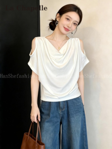 La Chapelle | French Style Off-shoulder Swing Collar Short Sleeve T-shirt
