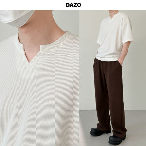 Loose Short Sleeve V-Neck Mens T-Shirt DAZO Stripe Design Comfortable Half Sleeve Korean Style Trendy White Casual Top