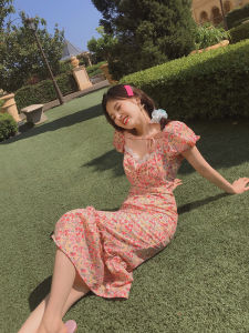 Soft Elegant Purple Floral Print Dress Bubble Sleeve High Waist Slimming A-Line Midi Dress Commute Style Korean Fashion