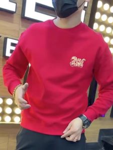 เสื้อสเวตเตอร์คอกลมสีแดงสำหรับผู้ชาย แฟชั่นฤดูใบไม้ร่วง/ฤดูหนาว เสื้อผ้าทำงานลำลอง ลำลอง ลำลอง เสื้อผ้าทำงานลำลอง