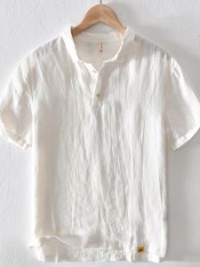 Loose Fit Linen Short Sleeve Shirt Mens Collared T-Shirt Breathable Lightweight Summer Casual Wear Youth Popular Style