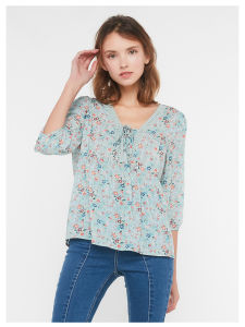 เสื้อเชิ้ตแขนกุดลายดอกไม้ Mint Wave Fresh Style สำหรับผู้หญิง ฤดูใบไม้ผลิและฤดูร้อน คอวี ทรงหลวม แขนยาวถึงข้อศอก ความยาวปกติ