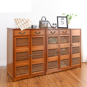 Simple Modern Bamboo Shoe Cabinet Double Door Entrance Hall Stand Chinese Style Faux Painted Shoe Rack Artistic Home Furniture