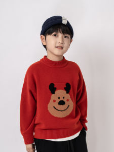 New Years Red Christmas Deer Pattern Childrens Knitted Sweater 100% Wool Boys Clothing Casual Style Thickened Long Sleeve