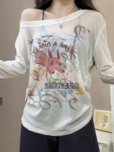 เสื้อยืดแขนยาวลายการ์ตูนสไตล์เกาหลีสำหรับผู้หญิงในช่วงฤดูร้อน ป้องกันแสงแดด ใส่ไปทำงานได้หลากหลาย ทรงหลวม แขนยาว ปกป้องผิว