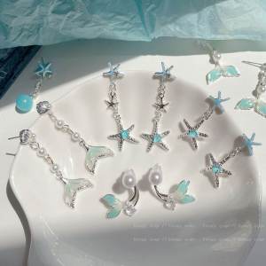 ต่างหูปลาดาว Blue Ocean เข็มเงิน หางปลาสด ดีไซน์ ฤดูร้อน วันหยุด ผู้หญิง เครื่องประดับ เครื่องประดับแฟชั่น