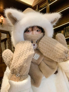 Fox Hat Scarf Integrated Womens Autumn and Winter Cycling Cold Protection Scarf Warm-Keeping and Cold-Proof Plush Cute Earflaps Cap